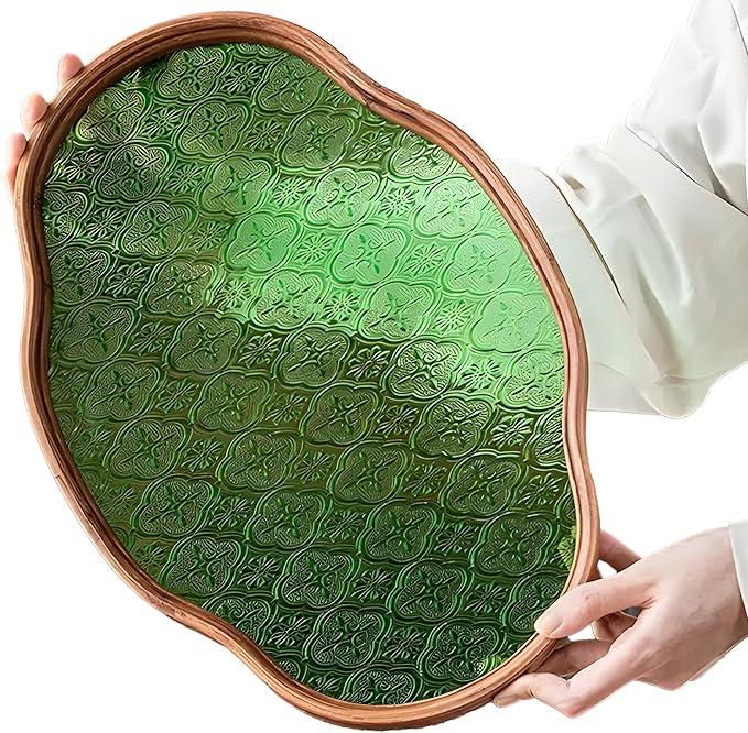 IwaiLoft Glass Serving Tray with The Crabapple Pattern Glass and Walnut for Kitchen Countertop Home Decor for Coffee Table, Also Suitable for Tea Coffee Decorative Trays (Green,14.5" x 10" x 1")