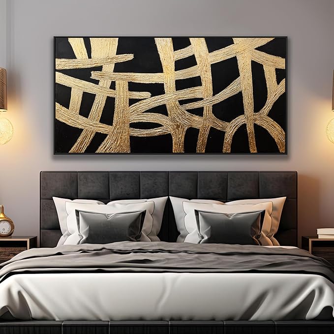 Abstract Wall Art Small Size Black And Gold Lines Texture Artwork Framed Home Decoration Artwork Decor Modern Minimalist Canvas Painting Living Room Decor For Bedroom Office Wall Decor 20"X40"