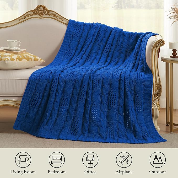 Amélie Home Chunky Knit Throw Blanket, Dual-Sided Soft Chenille Breathable Cable Knitted Blanket for Couch, Farmhouse Decorative Throw for Sofa & Chair, 50"x60", Blue