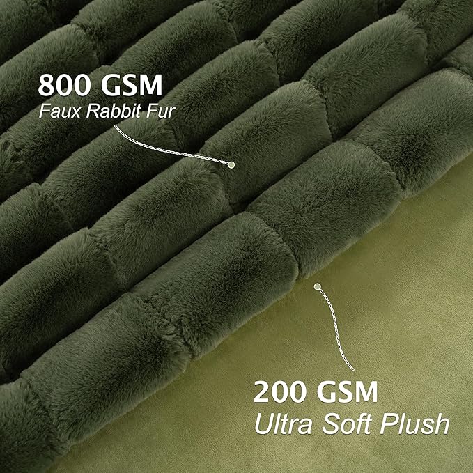 Touchat Faux Fur Throw Blanket, Luxury 1000GSM Ultra Thick Warm Rabbit Blanket for Couch Bed Sofa, 3D Checkered Pattern Lola Minky Comfort Blankets for Bedroom Living Room Women Gift, Green