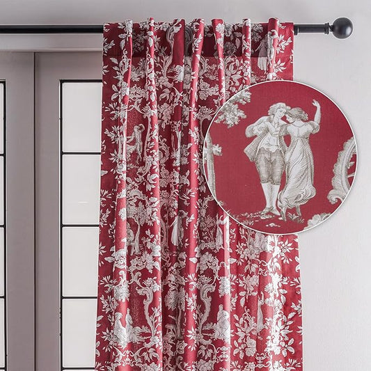 Maison d' Hermine Curtains for Living Room 100% Cotton 108 inch Length One Panel Light Filtering Toile Curtains for Bedroom Windows with Rod and Loop Pockets Drapes (Joli Jouy Red, 50" W x 108" L)