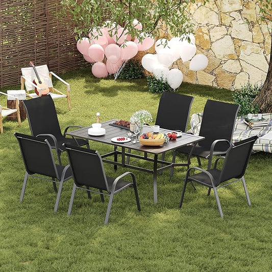 Amopatio 7 Pieces Patio Dining Set, Outdoor Table and Chairs, Square Metal Table with Umbrella Hole, 6 Stackable Chairs, Patio Furniture Sets for Deck, Backyard, Garden and Poolside, Black