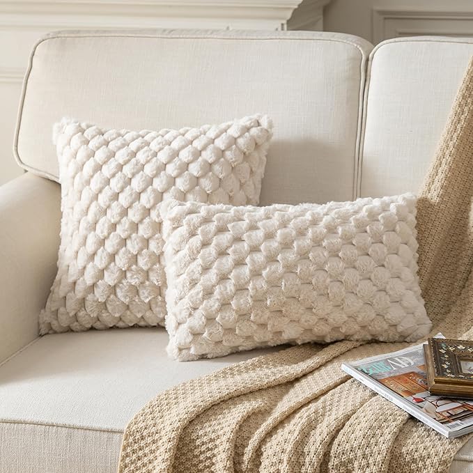 Pack of 2 Super Soft Throw Pillow Covers 12x20 Inch Faux Fur Plush Pillowcase Luxury Cozy Fluffy Decorative Cushion Cover for Sofa Couch Bed Livingroom Beige