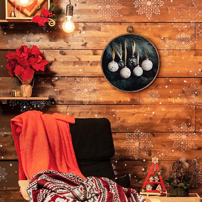 Hxlac Vintage Christmas Bauble Ball Round Wall Art Framed, Dark Rustic Winter Round Wall Decor, Cottagecore Winter Hanging Canvas Prints Wall Sculptures for Home Bedroom Living Room Decor, 10x10 Inch