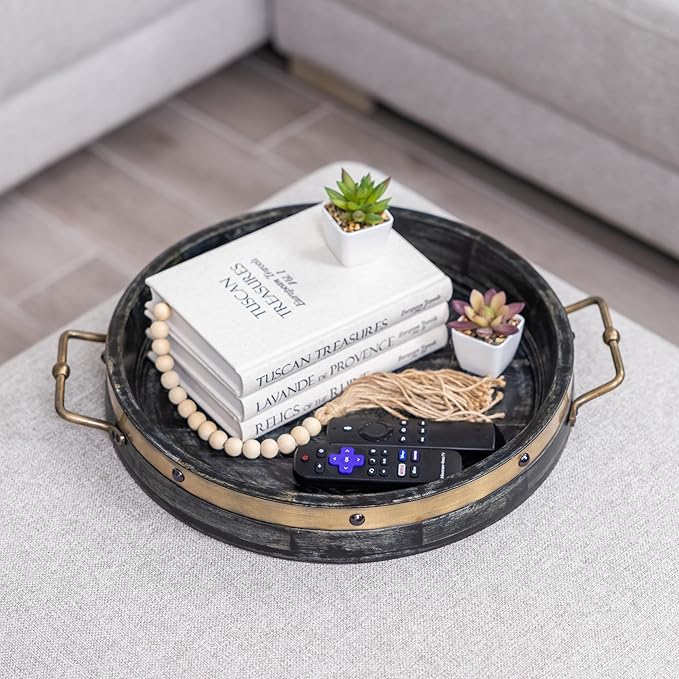 16” Round Ottoman Tray, Distressed Black Mango Wood, Rustic Farmhouse Style with Antique Brass Handles & Accent Strap, Large Coffee Table Tray for Tea, Breakfast in Bed, Living Room