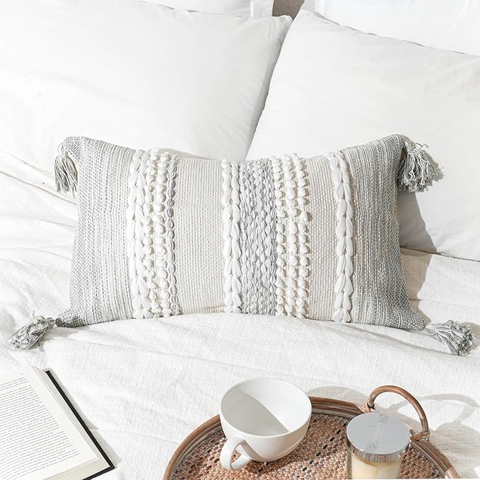 BlissBlush Gray Decorative Lumbar Pillow Cover 14x24, Boho Accent Throw Pillow Case for Couch Sofa Bed, Modern Farmhouse Textured Lumbar Cushion Bedroom Living Room, Cover ONLY