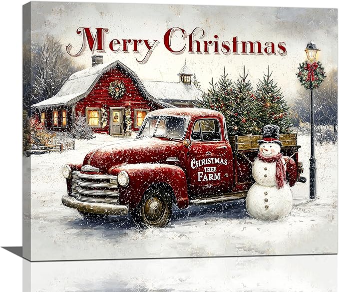 Christmas Pick-Up Truck Wall Art Christmas Tree Canvas Wall Decor Farm Barn Pictures Paintings Prints Snowman Artwork Framed Winter Holidays Decorations For Bathroom Bedroom Living Room Office Gifts 24" x 20"