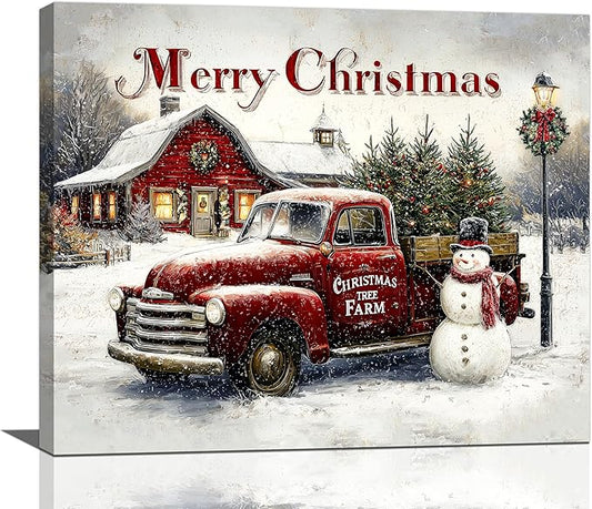 Christmas Pick-Up Truck Wall Art Christmas Tree Canvas Wall Decor Farm Barn Pictures Paintings Prints Snowman Artwork Framed Winter Holidays Decorations For Bathroom Bedroom Living Room Office Gifts 24" x 20"