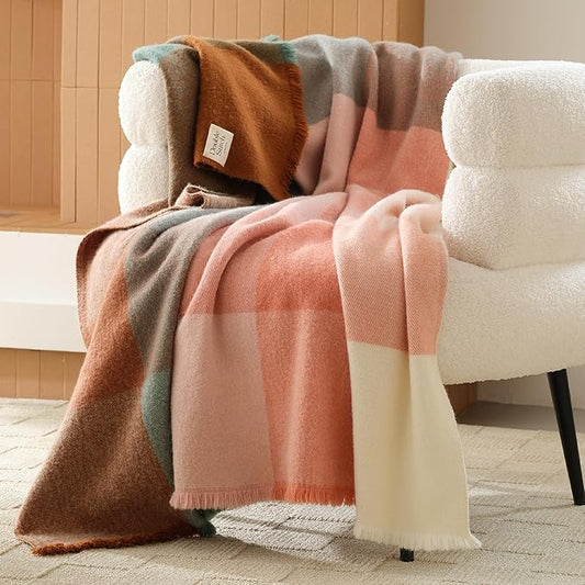 Double Stitch Alpaca Wool Throw Blanket - Warm, Soft Blanket for Couch, Luxury & Decorative Fleece Throw, Fall Plaid, Gift for Mother's Day, House Warming, 50" x 60", Harvest Multi