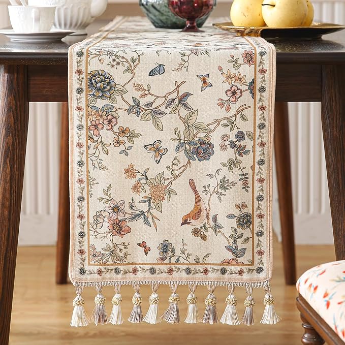 ISAENNE Designer Linen Table Runner 118 Inches Extra Long,Elegant Floral Bird Pattern Table Runners for Dining Room,Farmhouse Rustic Kitchen Decor,Thanksgiving,Christmas,12"*118"-Cornucopia