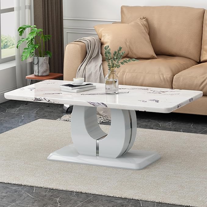 LKTART Rectangle Coffee Table for Living Room, Imitation Marble Coffee Tables with Storage, Modern Stable Base Accent Center Tea Table for Small Space Apartment (43.3''L×22.4''W-White,Grey)