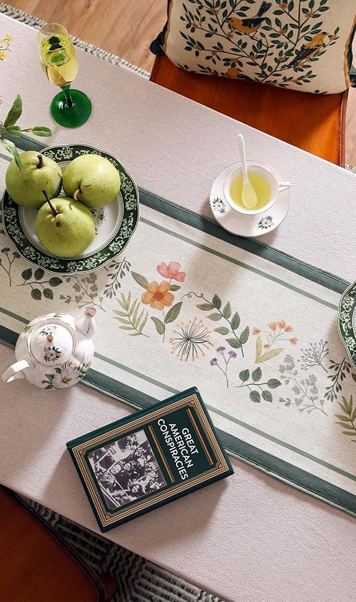 Designer Linen Table Runner,French Farmhouse Shabby Chic Floral Pattern 87 Inches Long Wrinkle Free Table Runners,Decor Tabletop for Kitchen,Dining,Party,Home,Christmas,12"*87"