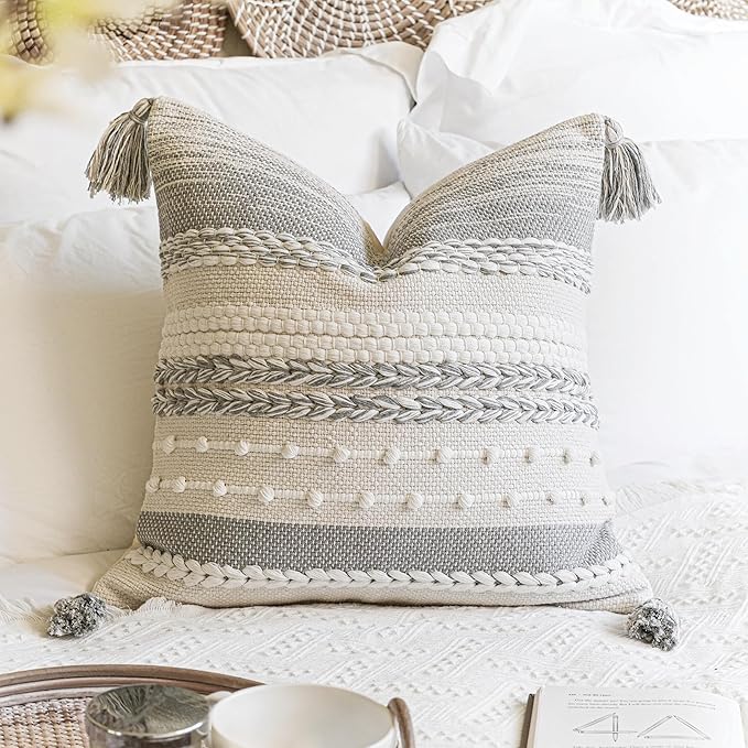 BlissBlush Gray Boho Decorative Throw Pillow Cover 20x20 Square Farmhouse Accent Cushion for Couch Sofa Livingroom Bedroom Pillowcase Modern Home Décor (Pack of 1)