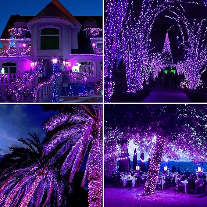 YEGUO 165ft 500 LED Halloween Lights Outdoor Waterproof, 8 Modes Purple String Lights Plug in, Green Wire Christmas Lights Indoor with Timer Memory