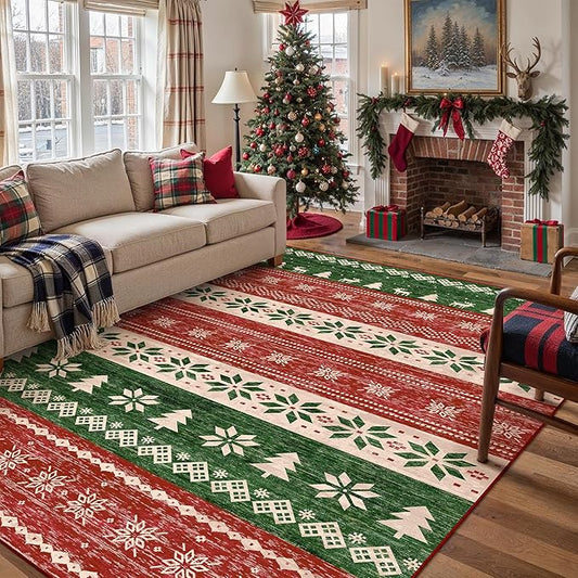 Christmas Red 6x9 Area Rug Washable Living Room Carpet Snowflake Holiday Decor Bedroom RugDecorative Xmas Non Slip Soft Low Pile Boho Carpet Dining Room Office Playroom