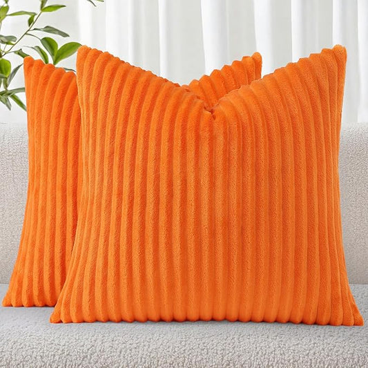 Simmore Decorative Fall Throw Pillow Covers 20x20 Set of 2, Soft Natural Plush Flannel Double-Sided Fluffy Couch Pillow Covers for Sofa Living Room, Orange