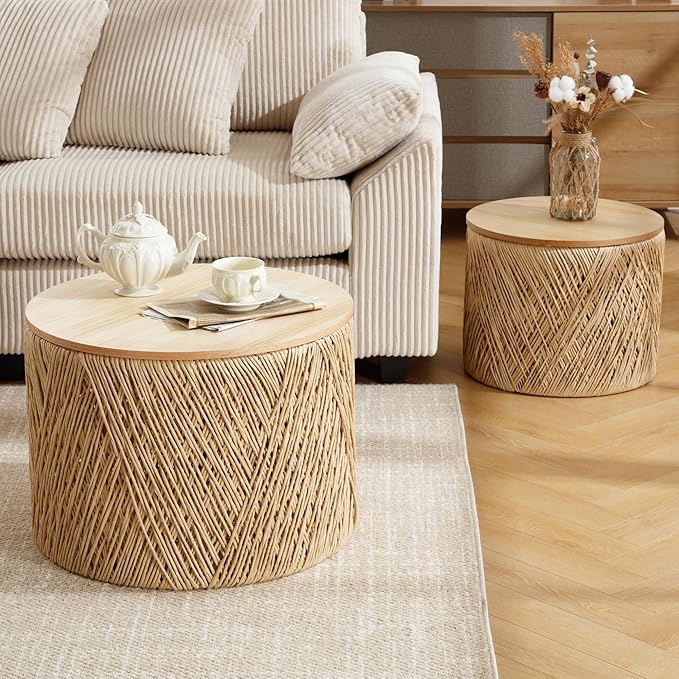 Farmhouse Round Coffee Table with Storage Boho Living Room Table with Lifting Top Hand-Woven Rattan Nesting Coffee Tables for Living Room, Natural
