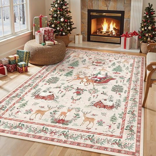 Lahome Christmas 5x7 Rugs for Living Room, Christmas Tree Santa Claus Soft Bedroom Rug Indoor, Non Slip Washable Low Pile Floor Carpet for Dining Room Winter Holiday Decor, Beige