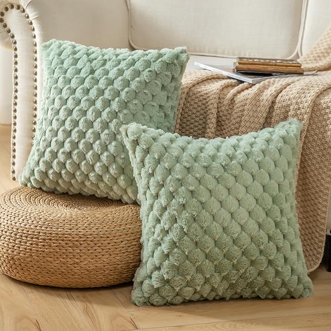 Pack of 2 Super Soft Throw Pillow Covers 18x18 Inch Faux Fur Plush Pillowcase Luxury Cozy Fluffy Decorative Cushion Cover for Sofa Couch Bed Livingroom Sage Green