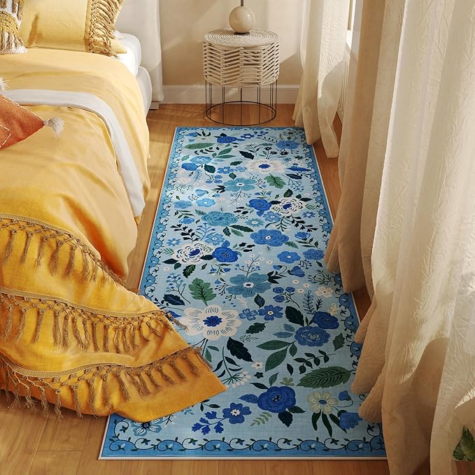 Rugcomf Runner Rug for Hallways Kitchen Rug Non Slip 2'x 6' Washable Runner Rugs with Rubber Backing Soft Floral Carpet Runner for Hallways, Kitchen, Laundry, Bedroom, Bathroom(Blue)