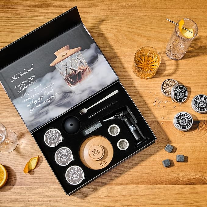 Whiskey Smoker Kit - Premium Cocktail Smoker Kit with Torch, 6 Flavors of Wood Chips, Whiskey Stones, Filters, Durable Old Fashion Smoker Kit, Ideal for Whiskey Lovers (No Butane)