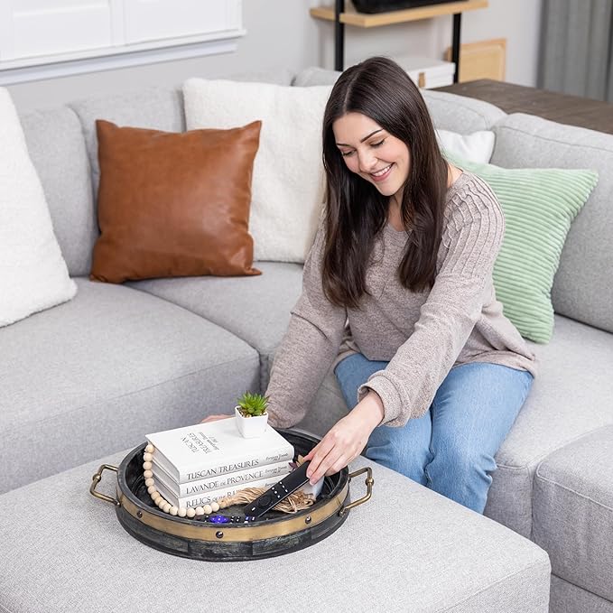16” Round Ottoman Tray, Distressed Black Mango Wood, Rustic Farmhouse Style with Antique Brass Handles & Accent Strap, Large Coffee Table Tray for Tea, Breakfast in Bed, Living Room