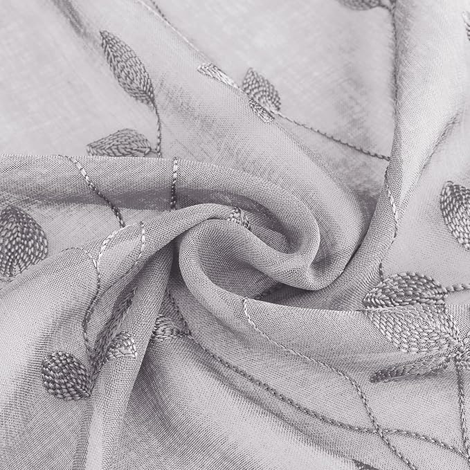 HOMEIDEAS Light Grey Sheer Curtains 52 X 84 Inches Length 2 Panels Embroidered Vine Floral Pattern Pocket Faux Linen Semi Sheer Voile Window Drapes for Bedroom Living Room