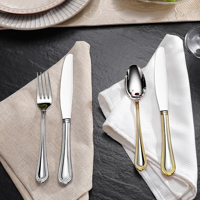 KEAWELL Pearl Edge Premium 20-Piece Refined Bead Silverware Set, 18/10 Stainless Steel, Service for 4, Fine Flatware Set, Dishwasher Safe (20, Gold Accent)