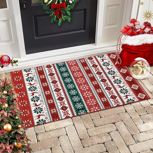Small Entryway Area Rug 2x3 Christmas Rug Indoor Non-Slip Front Door Mat Washable Boho Rug Xmas Decorative Throw Floor Covers Farmhouse Geometric Festival Carpet for Living Room Bedroom, Red