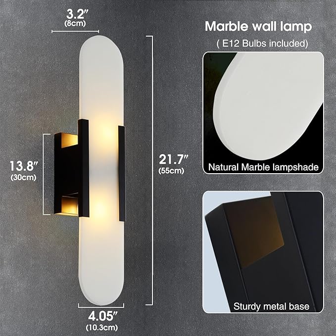 Alabaster Wall Sconces, 19.7in Wall Sconce, Natural Marble Wall Sconces Wall Lighting, Wall Light Fixtures for Bedroom Living Room Stairs Vanity Hallway Bedside (Bulb Included)