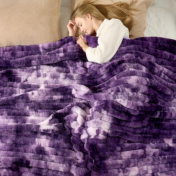 Cozy Bliss Faux Fur Throw Blanket for Couch, Cozy Warm Plush Striped Blanket for Sofa Bedroom Living Room, 108 * 90 Inches Tie-dye Purple