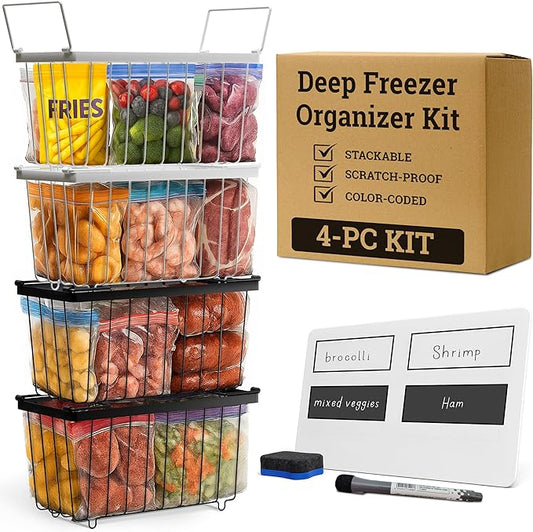 Deep Chest Freezer Organizer Bins – 4-Pack Stackable Chest Freezer Baskets with Dividers, Metal Wire Storage for Frozen Meat, Food – Fits 5–7 Cu Ft Deep Freezer, Kitchen Organization Set, Black, White