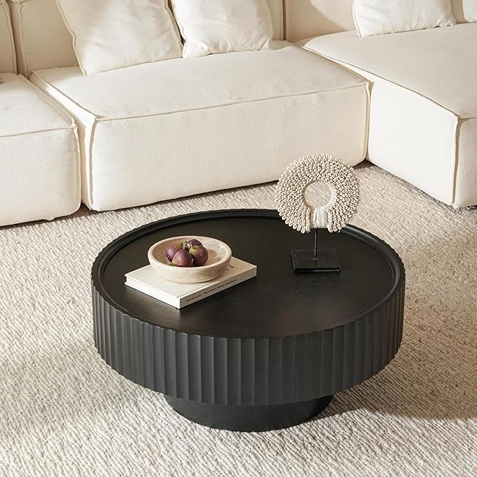 Round Coffee Table, Modern Living Room Tables with Mushroom Shape and Grooved Design, Large Coffee Tables, Circle Pinewood Center Table for Living Room, Apartment (Black, 30.3''L×13.7''H)