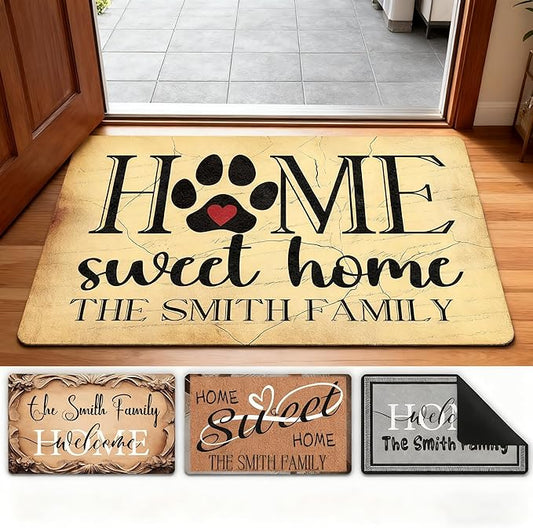 Custom Welcome Doormat with Family Name Home Sweet Home Personalized DoorMats, Housewarming Gift - Door Mat with Anti-Slip Backing, Customize Doormat Outdoor Indoor Entrance