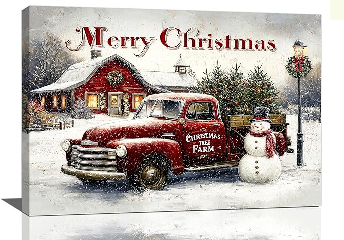 Christmas Pick-Up Truck Wall Art Christmas Tree Canvas Wall Decor Farm Barn Pictures Paintings Prints Snowman Artwork Framed Winter Holidays Decorations For Bathroom Bedroom Living Room Office Gifts 24" x 16"
