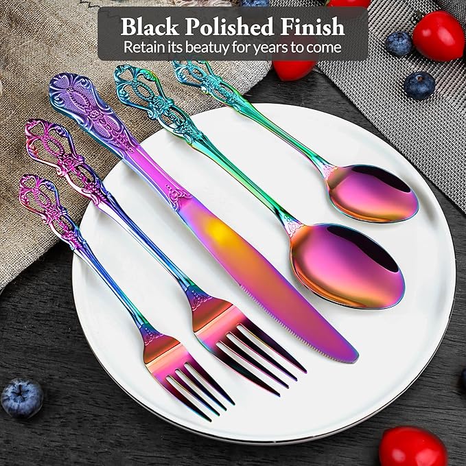 Silverware Set, 30 Pieces Retro Royal Silverware Set for 6, Anti-rust Stainless Steel Flatware Set Including Fork Spoon and Knife, Dishwasher Safe, Rainbow