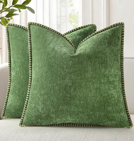 decorUhome Christmas Chenille Soft Throw Pillow Covers 22x22 Set of 2, Farmhouse Velvet Neutral Decorative Euro Fall Pillow Covers with Stitched Edge for Couch Sofa Bed Home Decor, Forest Elf