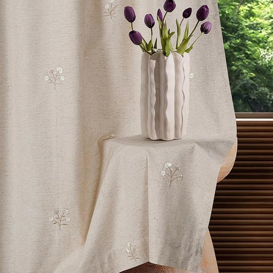 Bedding Craft Linen, Drapes, Linen Room Darkening, Flax Drapes, Natural, Taupe 84 inch Embroidered Curtains