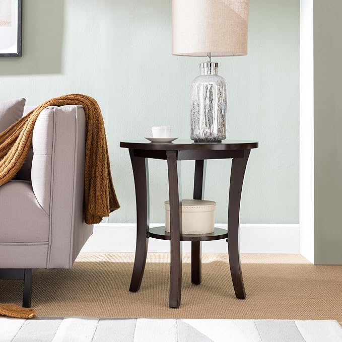 Leick Home Boa End Table, Solid Wood, 22 in. Round, Bottom Display Shelf, Easy-Assembly, For Living Room/Bedroom, Chocolate Oak, 22 in Diameter x 24 in H, 10302