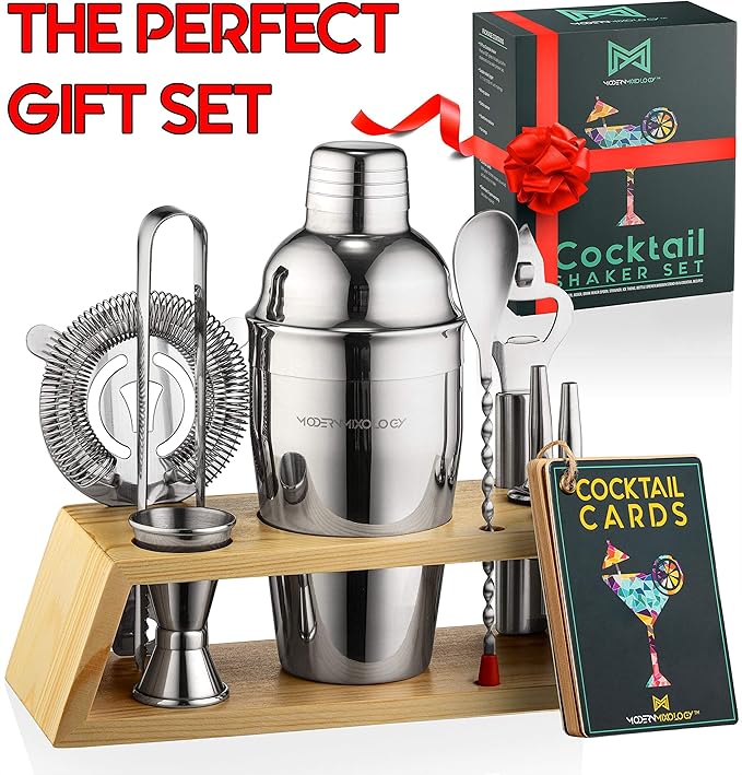 Cocktail Shaker Set Bartender Kit with Bamboo Stand – Professional Martini Shaker, Premium Stainless Steel Shaker Bottle, Complete Bar Accessories Gift Set and Mixology Kit for Home Bar & Drink Mixing