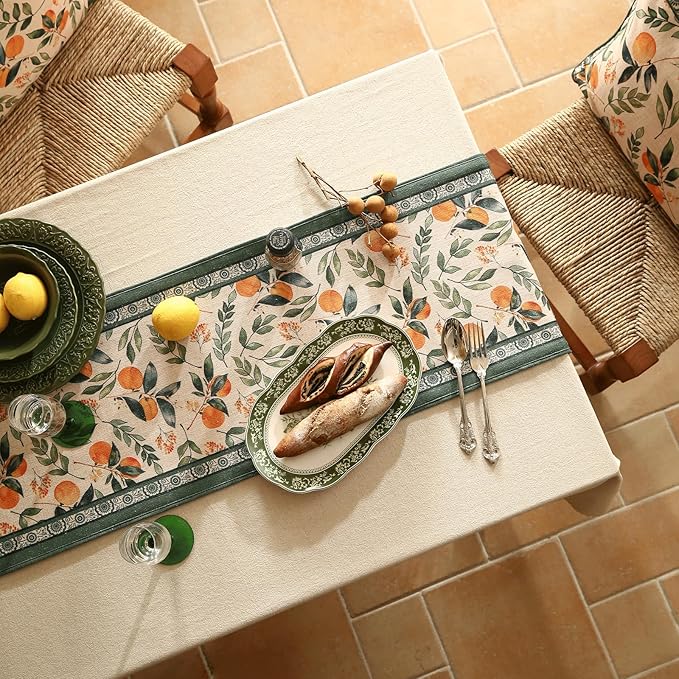 patdrea Designer Vintage Fresh Farmhouse Extra Long Linen Table Runner 118 Inch Long, Green and Orange Pattern Table Mat, Decor for Kitchen Dining Table Coffee Table Cabinet Christmas,16"*118"