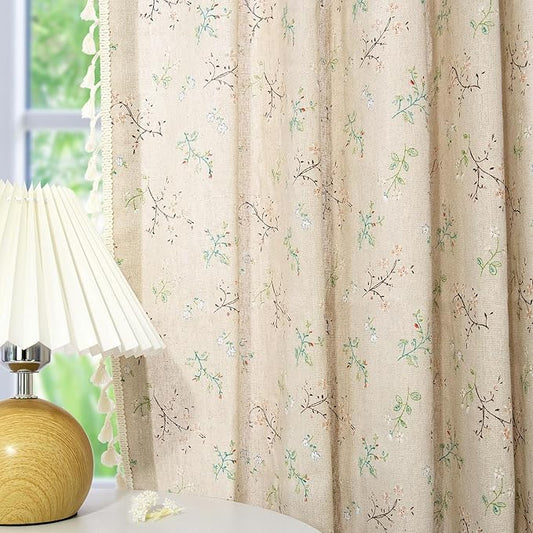 Floral Curtains Farmhouse Curtains for Living Room 96 Inch Length Linen Floral Patterned Curtain Rod Pocket Bedroom Drapes with Tassel, 2 Panels