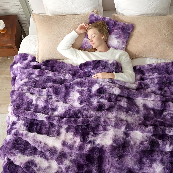 Cozy Bliss Faux Fur Throw Blanket for Couch, Bubble Plush Blanket King Size, Fuzzy Soft & Thick Blanket for Bed Sofa Living Room, 108x90 Inches Tie-dye Purple
