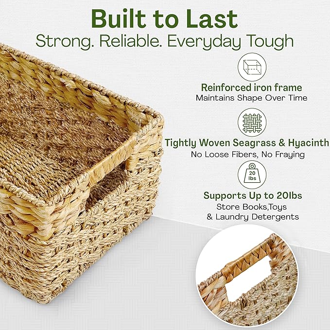 Medium Wicker Basket for Storage, Natural, Seagrass and Hyacinth Woven Baskets for Décor with Built-In Handles, Rectangular, Shelf Organizing for Bedroom, Pantry - Medium Size - 15.5x9.5x6.5 in