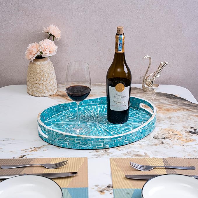 PEMAR 15.7" x 11.8" Oval Capiz Shell Serving Tray, Decorative Ottoman Tray for Living Room, Coffee Table, Breakfast in Bed, Candle Display (Teal Sunlight)