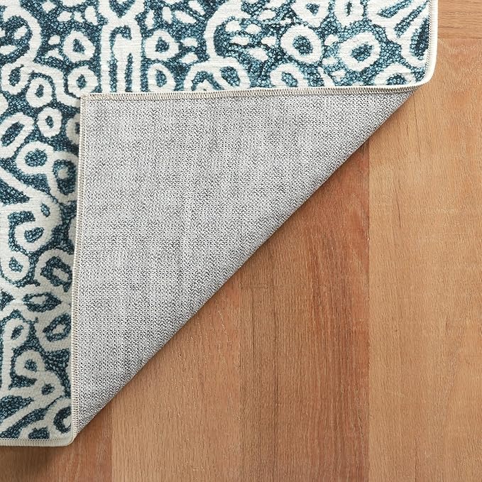 Dash & Albert Temple Ink Machine Washable Rug, 8.5 X 11.5 Feet, Blue Geometric Pattern