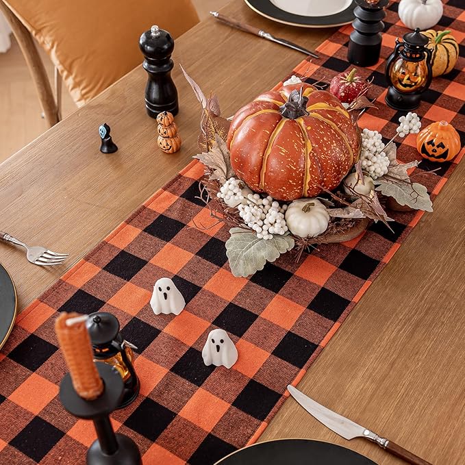 Softalker Fall Checkered Table Runner - Orange Buffalo Plaid Halloween Thanksgiving Stain Resistant Washable Table Decoration for Dining/Parties/Holiday Decor, 13 x 108 Inch