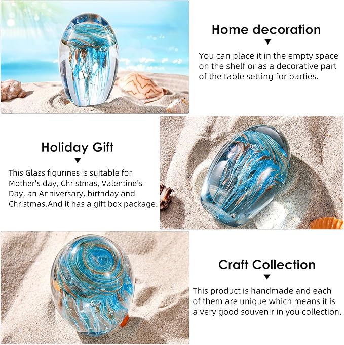 EUSTUMA Hand Blown Glass Jellyfish Figurine Ornament,Sea Animal Ornament for Fish Tank Aquarium,Sea Animals Collection for Birthday Gift,Office Glass Paperweight for Desk.