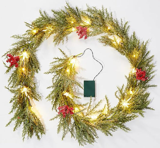 Brightown Christmas Garland with Lights, 6Ft 20 LED Lighted Pine Leaves Garland Decorated with Snowflakes, Berry, North Star, Battery Operated Indoor & Outdoor Christmas Lights for Mantle Stairs Wall