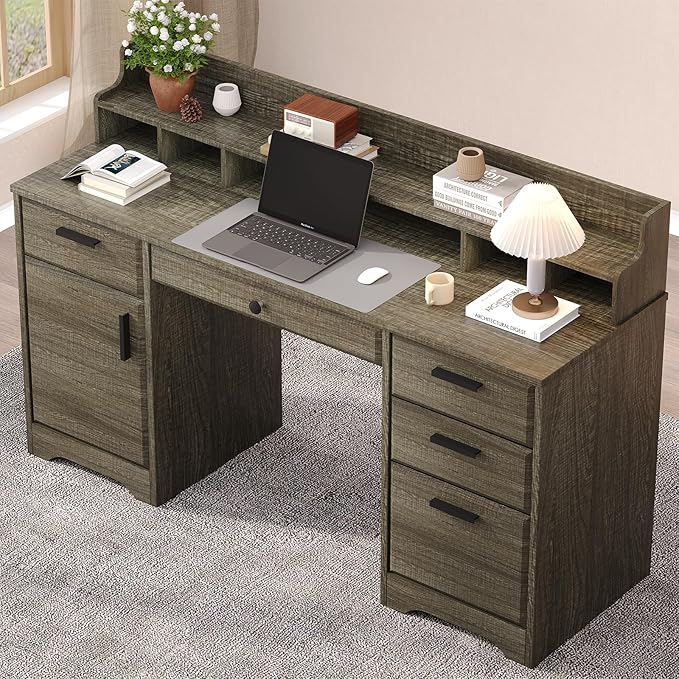 58 Inch Executive Desk with File Drawers, Computer Desk with Storage, Rustic Desk with Adjustable Shelves, Office Desk with Hutch for Bedroom, Grey